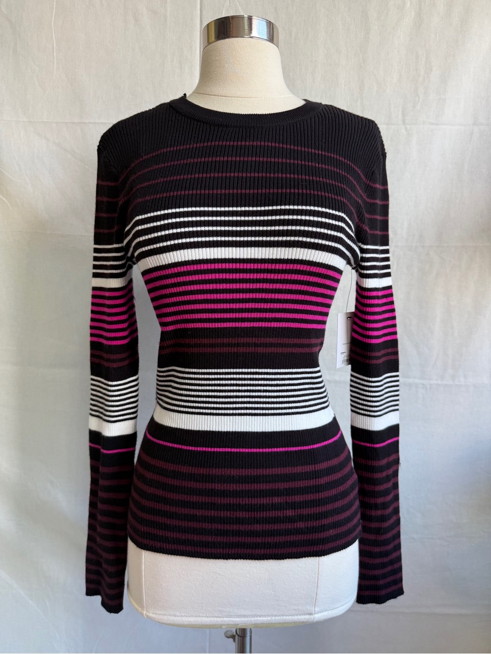 Nine West Black White and Pink Striped Ribbed Long-Sleeve Top